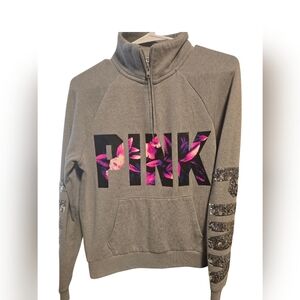 🧣PINK Zip-up gray, & pink, long sleeve sweatshirt with sliver sequins medium